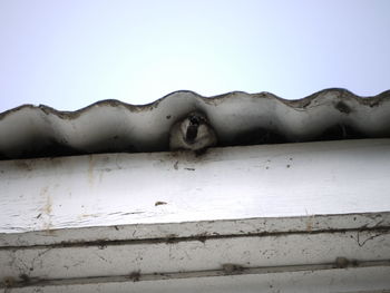 Low angle view of weathered wall against clear sky