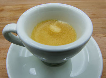 High angle view of coffee in cup on table