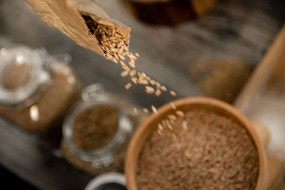 High angle view of coffee beans in jar