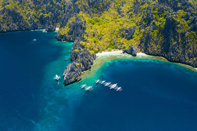 High angle view of sailboat in sea