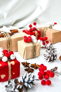 Close-up of christmas decorations on table