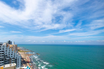 Scenic view of sea and buildings against sky