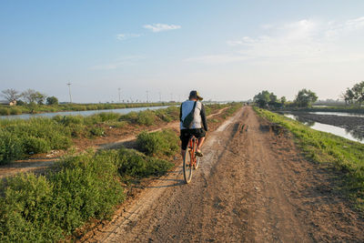 Rear view of man riding bicycle on road