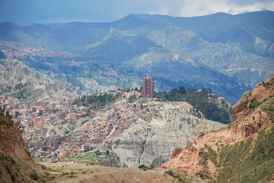 High angle view of houses and mountains