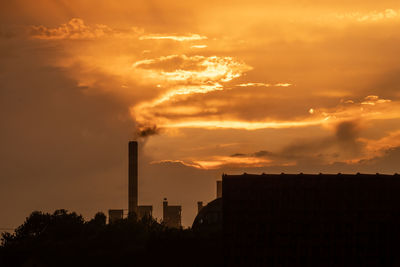 Smoke emitting from factory against sky during sunset