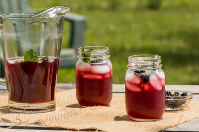 High angle view of drink in glass jar on table