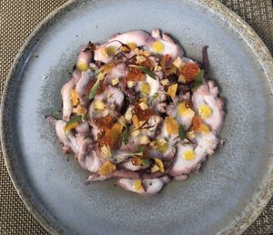 High angle view of food in plate on table