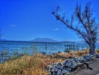 Scenic view of sea against blue sky