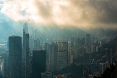 Aerial view of buildings in city against sky