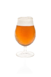 Close-up of beer glass against white background