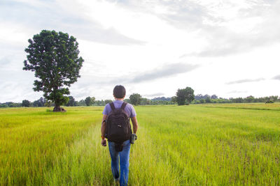 Full length rear view of man on field