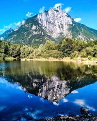 Scenic view of lake and mountains against blue sky