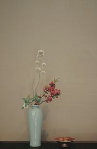 Close-up of potted plant on table against wall