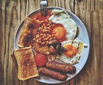 Directly above view of fresh breakfast served on table