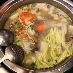 High angle view of soup in bowl