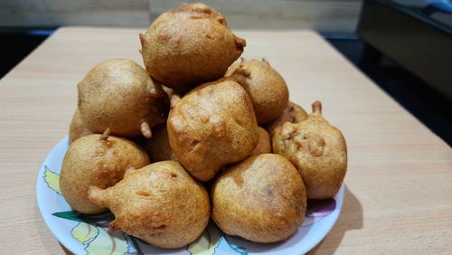 High angle view of cookies in plate on table