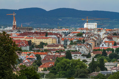 High angle view of town against sky