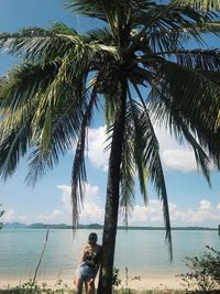 Full length of palm tree on beach against sky