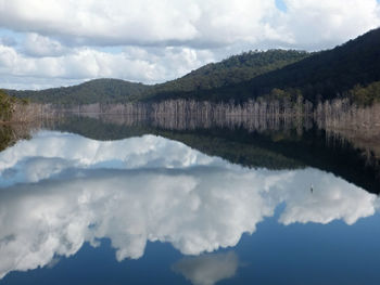 Scenic view of calm lake and mountains against cloudy sky