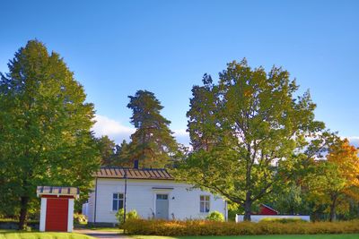 Trees and plants growing on field by building against sky