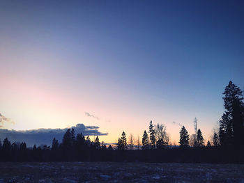 Silhouette trees by frozen lake against sky during sunset