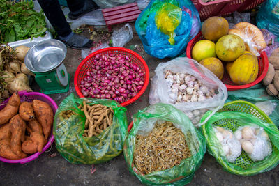 High angle view of vegetables for sale in market