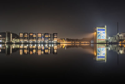 Reflection of illuminated buildings in water at night