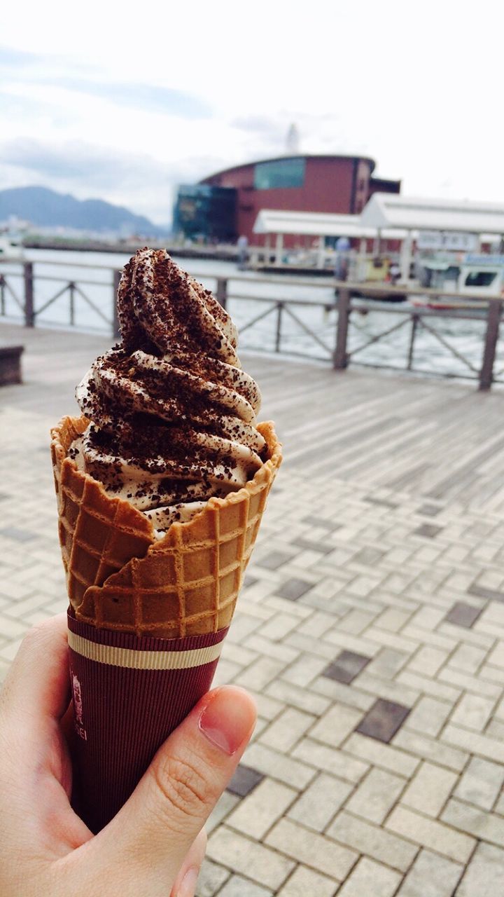 CLOSE-UP OF HAND HOLDING ICE CREAM CONE AGAINST BUILT STRUCTURES