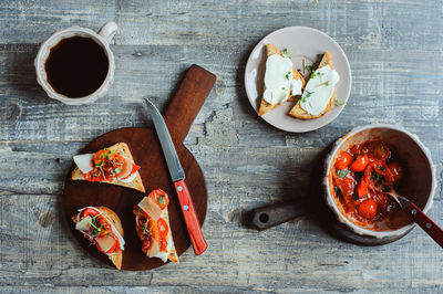 High angle view of breakfast on table