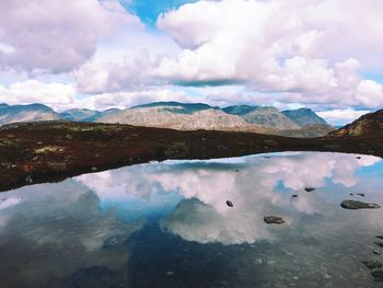 Scenic view of lake and mountains against sky