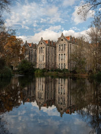 Reflection of buildings in lake against sky