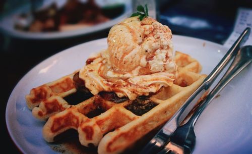 Close-up of dessert in plate on table