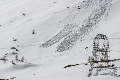 Electricity pylon on snow covered landscape