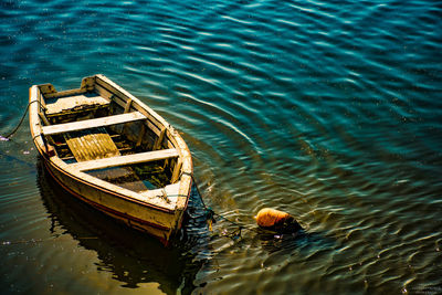 High angle view of fishing boat in lake