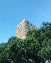 Low angle view of building against clear blue sky