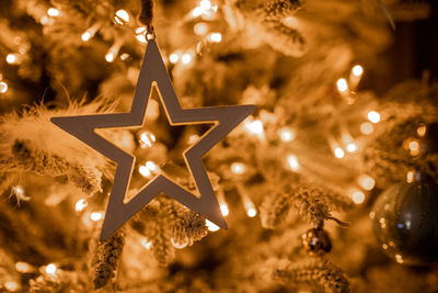 Illuminated christmas lights hanging on tree at night