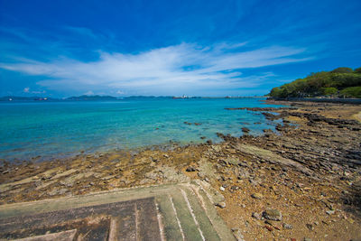 Scenic view of sea against blue sky