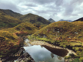 Scenic view of river amidst mountains against sky