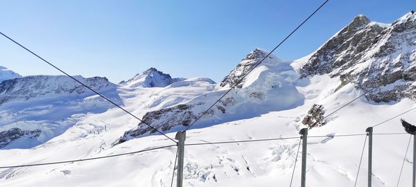 Snowcapped mountains against clear blue sky