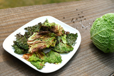 High angle view of salad in plate on table