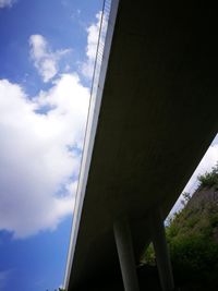 Low angle view of bridge over building against sky