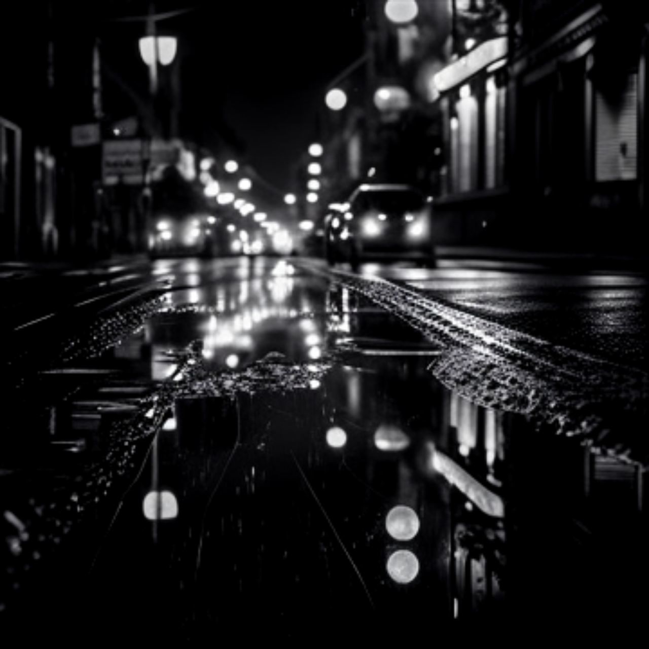 darkness, city, night, transportation, architecture, illuminated, street, black and white, mode of transportation, car, monochrome photography, motor vehicle, building exterior, monochrome, built structure, black, road, light, land vehicle, city street, no people, city life, water, wet, lighting, rain, outdoors, traffic, midnight, motion, headlight, street light, reflection, lighting equipment