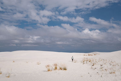 Rear view of man walking on sand