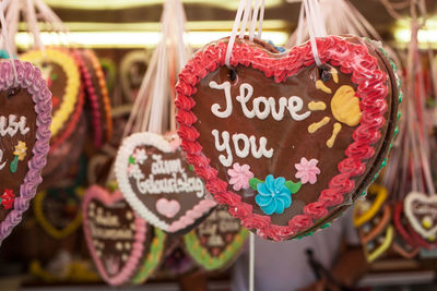 Close-up of heart shape gingerbread candies at market for sale