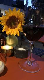 Close-up of wine in glass on table in restaurant