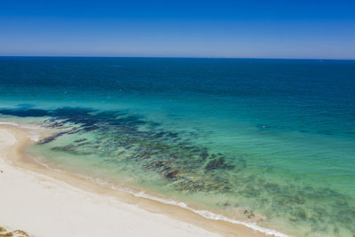 Scenic view of sea against clear blue sky