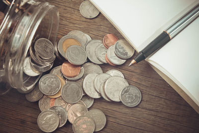 High angle view of coins on table