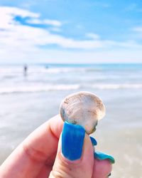 Close-up of woman hand holding seashell at beach against sky