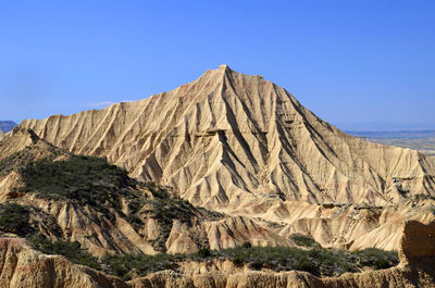 Scenic view of rocky mountains against clear blue sky