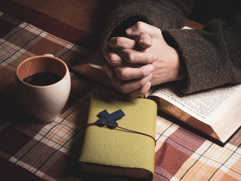 High angle view of coffee cup on table